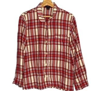 J‎ Crew Flannel Pajama Top Womens Medium Button Up Plaid  Long Sleeve Red Blue
